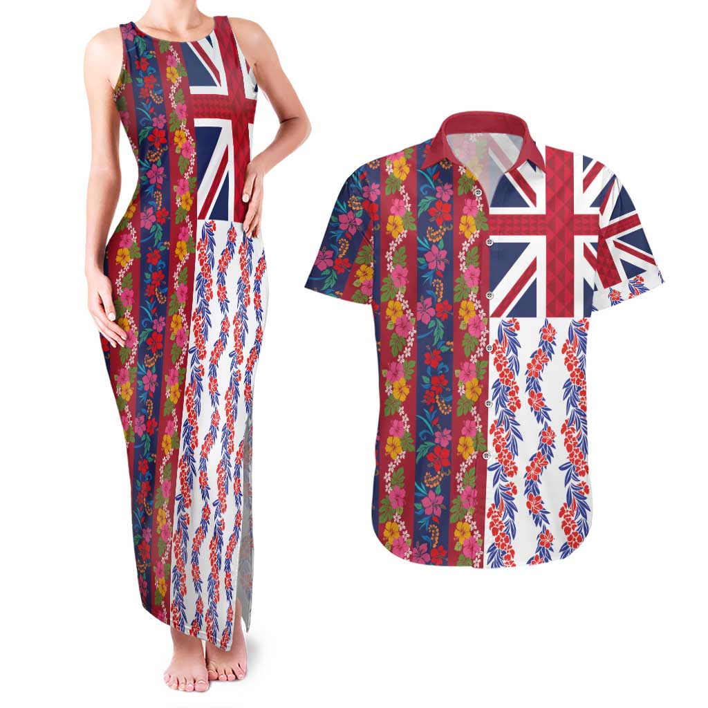 Hawaiian Lei Couples Matching Tank Maxi Dress and Hawaiian Shirt National Flag Striped Style LT03 Red - Polynesian Pride