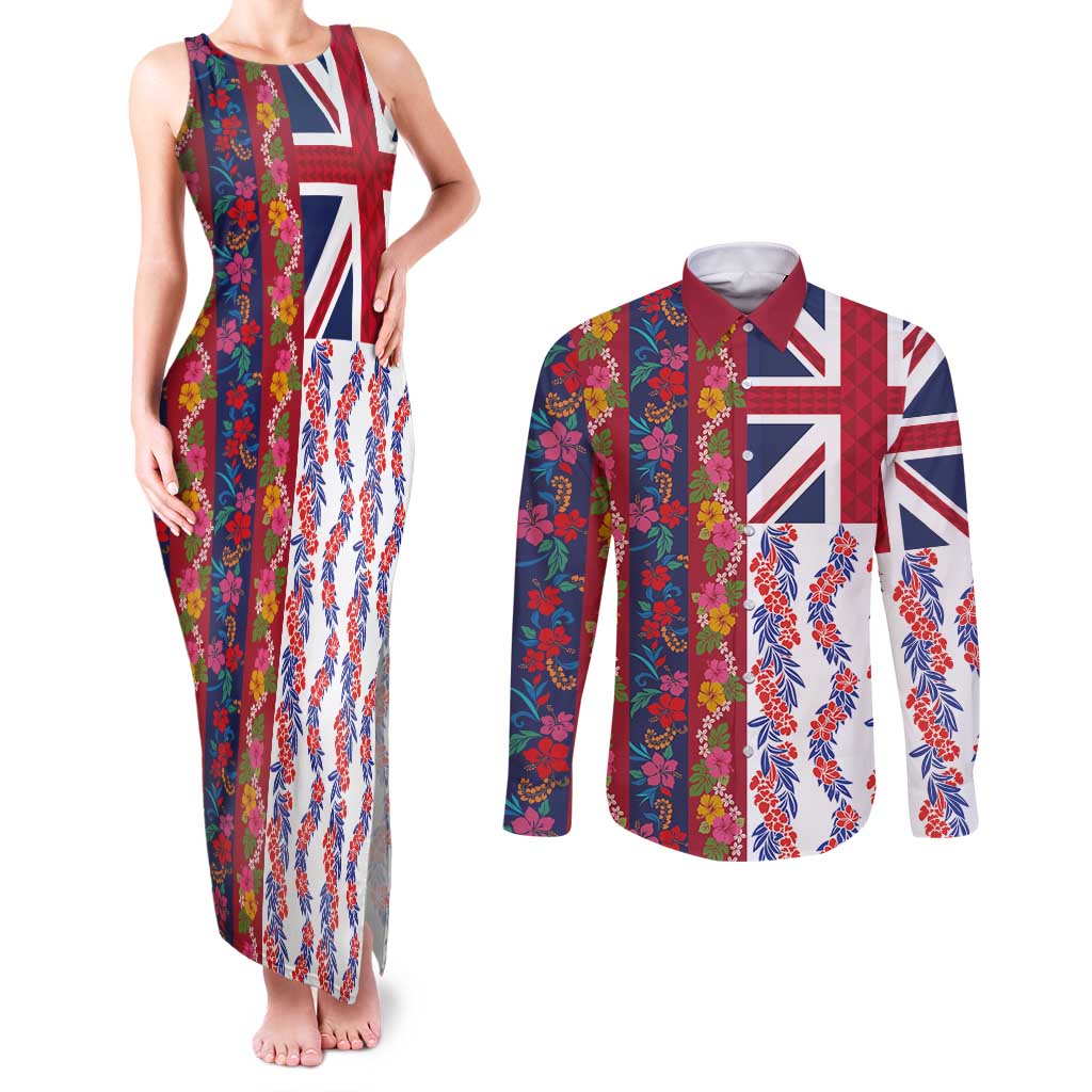 Hawaiian Lei Couples Matching Tank Maxi Dress and Long Sleeve Button Shirt National Flag Striped Style LT03 Red - Polynesian Pride