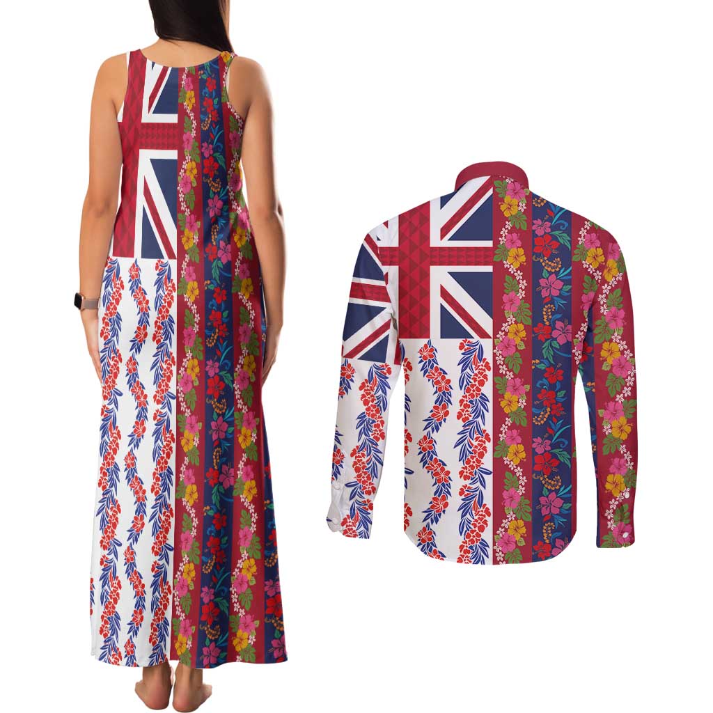 Hawaiian Lei Couples Matching Tank Maxi Dress and Long Sleeve Button Shirt National Flag Striped Style LT03 - Polynesian Pride
