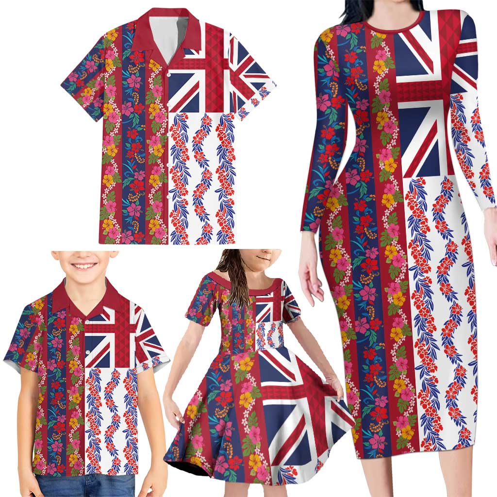 Hawaiian Lei Family Matching Long Sleeve Bodycon Dress and Hawaiian Shirt National Flag Striped Style