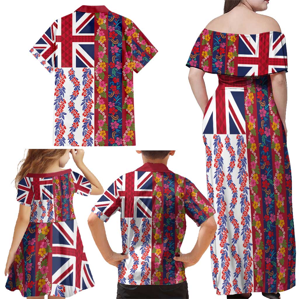 Hawaiian Lei Family Matching Off Shoulder Maxi Dress and Hawaiian Shirt National Flag Striped Style