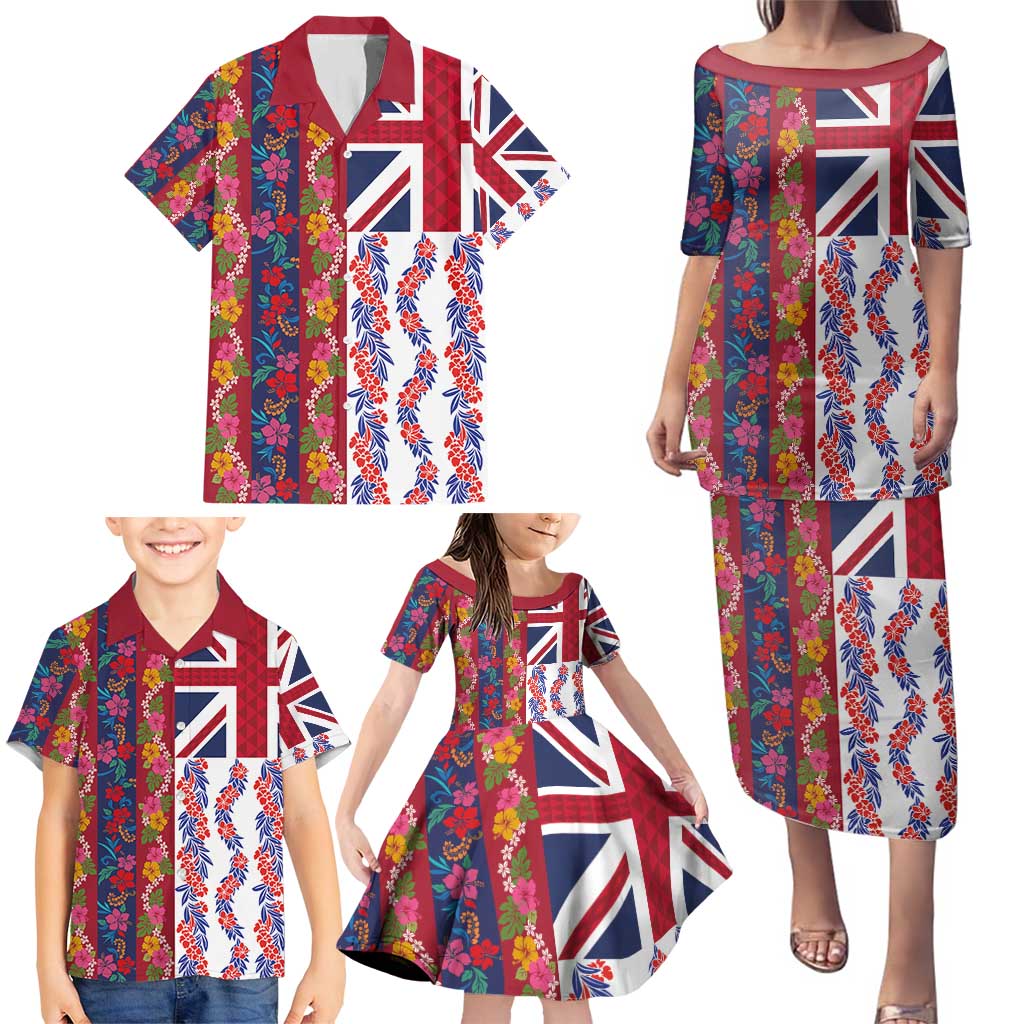 Hawaiian Lei Family Matching Puletasi and Hawaiian Shirt National Flag Striped Style