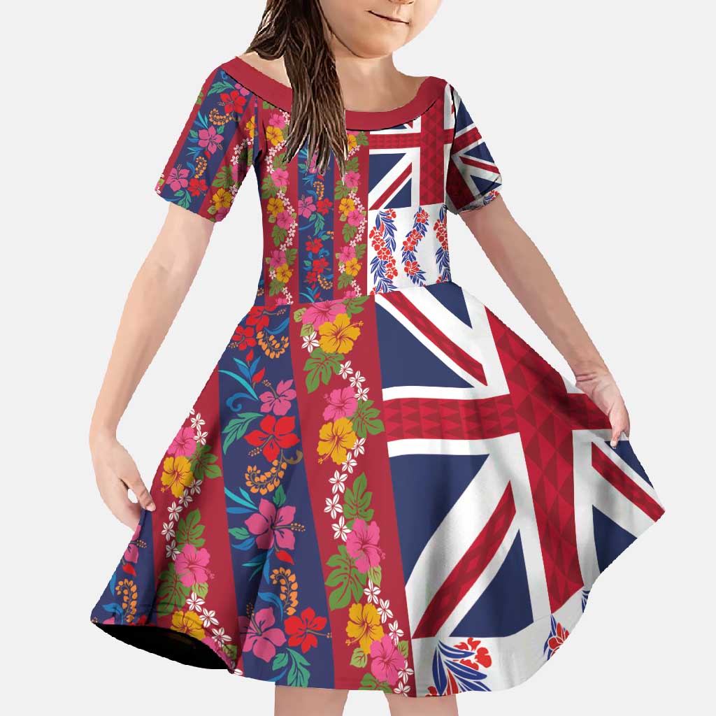 Hawaiian Lei Family Matching Short Sleeve Bodycon Dress and Hawaiian Shirt National Flag Striped Style LT03 Daughter's Dress Red - Polynesian Pride