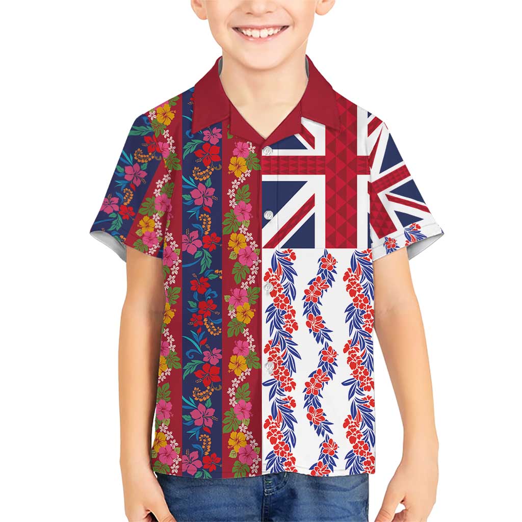 Hawaiian Lei Family Matching Short Sleeve Bodycon Dress and Hawaiian Shirt National Flag Striped Style LT03 Son's Shirt Red - Polynesian Pride