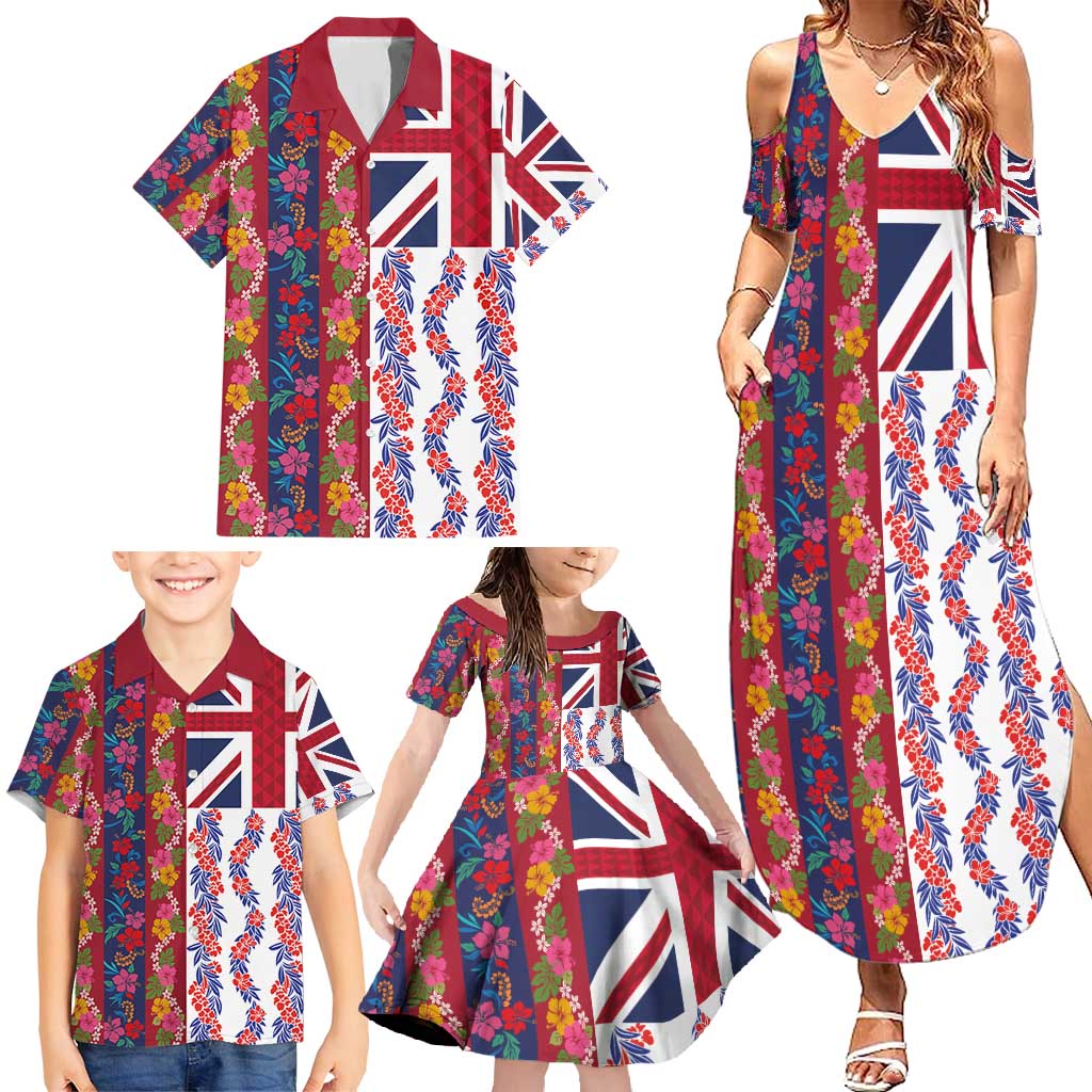 Hawaiian Lei Family Matching Summer Maxi Dress and Hawaiian Shirt National Flag Striped Style