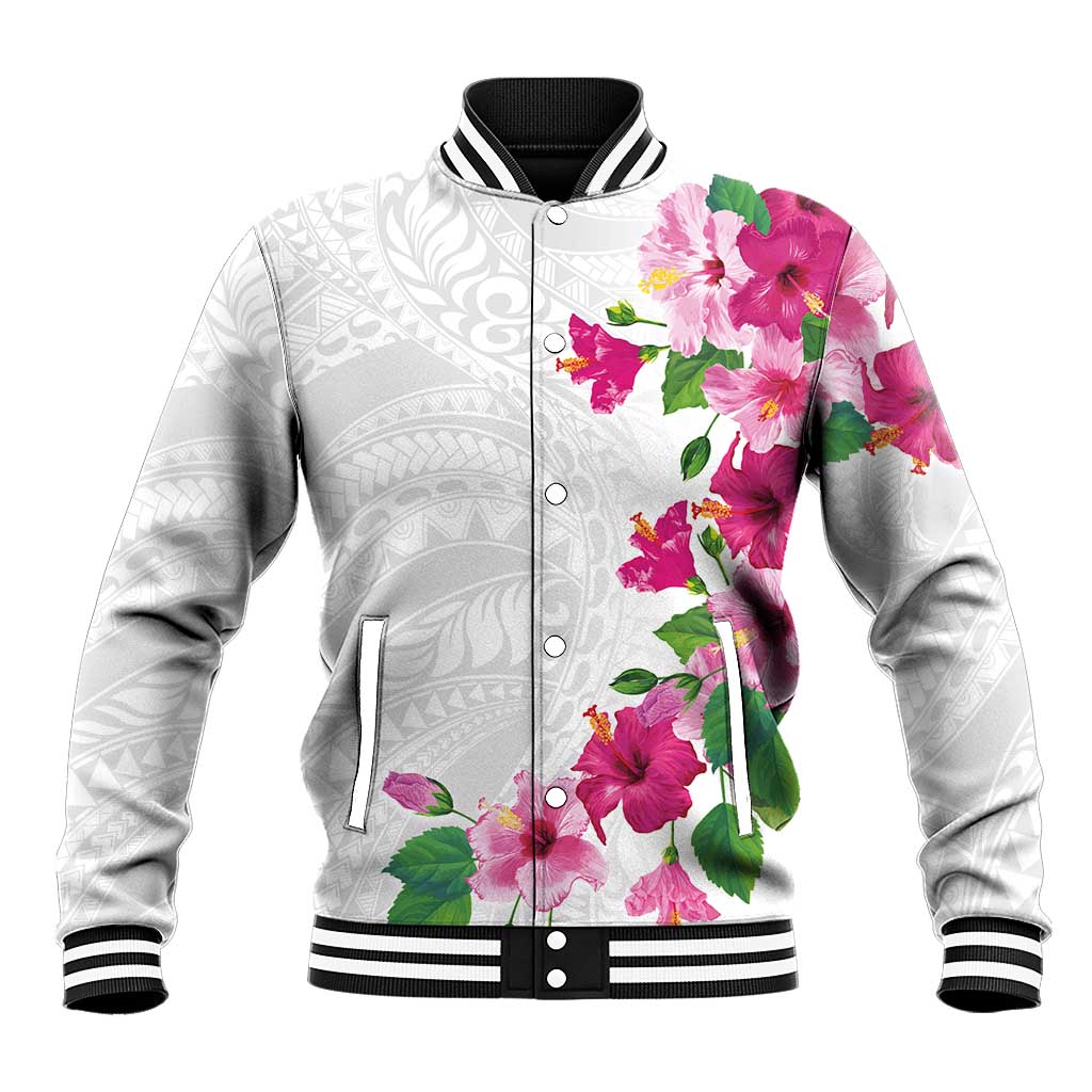 Hawaiian Hibiscus and Art Polynesian Tattoo Baseball Jacket White Color LT03 Unisex White - Polynesian Pride