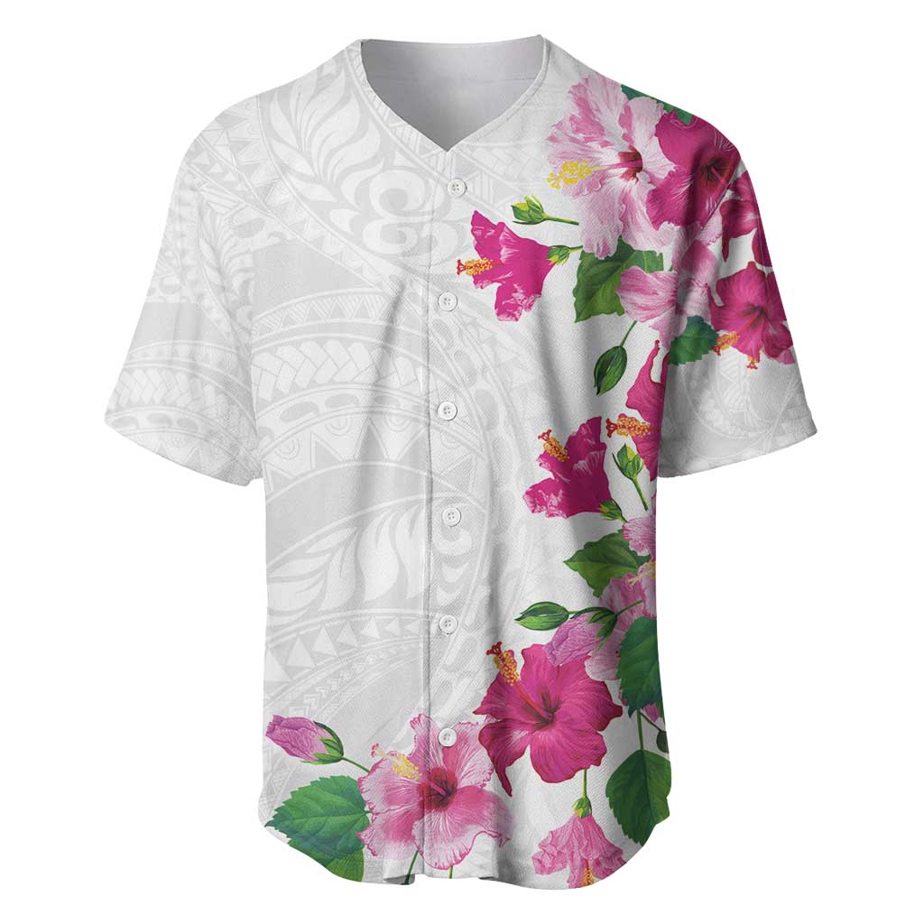 Hawaiian Hibiscus and Art Polynesian Tattoo Baseball Jersey White Color