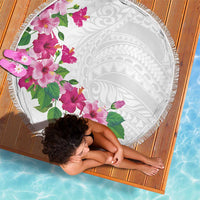 Hawaiian Hibiscus and Art Polynesian Tattoo Beach Blanket White Color
