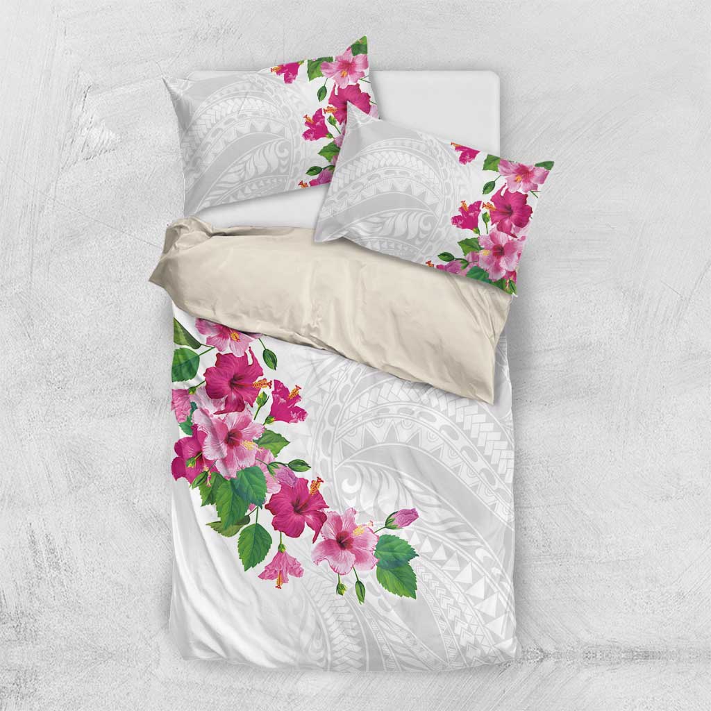 Hawaiian Hibiscus and Art Polynesian Tattoo Bedding Set White Color