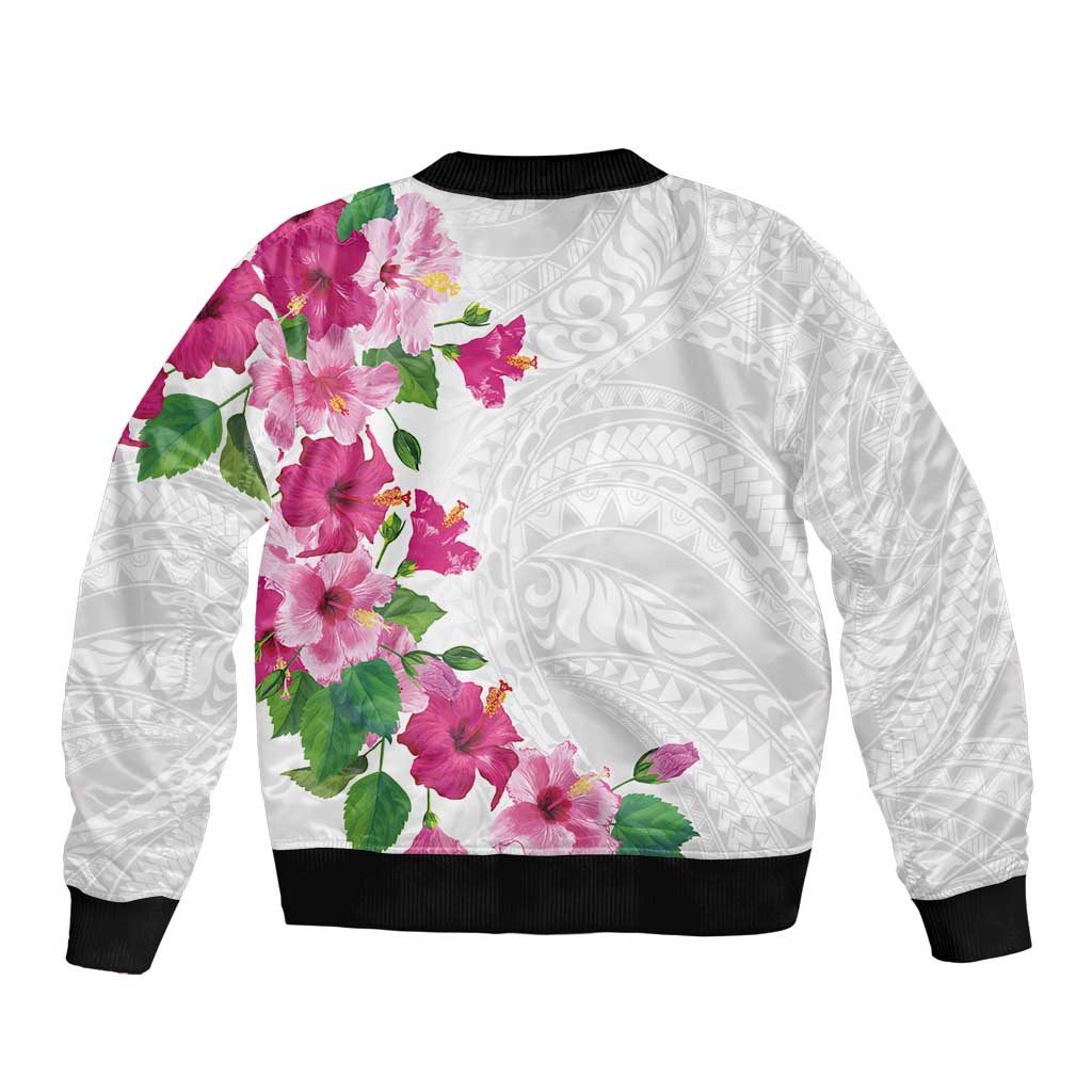 Hawaiian Hibiscus and Art Polynesian Tattoo Bomber Jacket White Color LT03 - Polynesian Pride