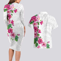 Hawaiian Hibiscus and Art Polynesian Tattoo Couples Matching Long Sleeve Bodycon Dress and Hawaiian Shirt White Color
