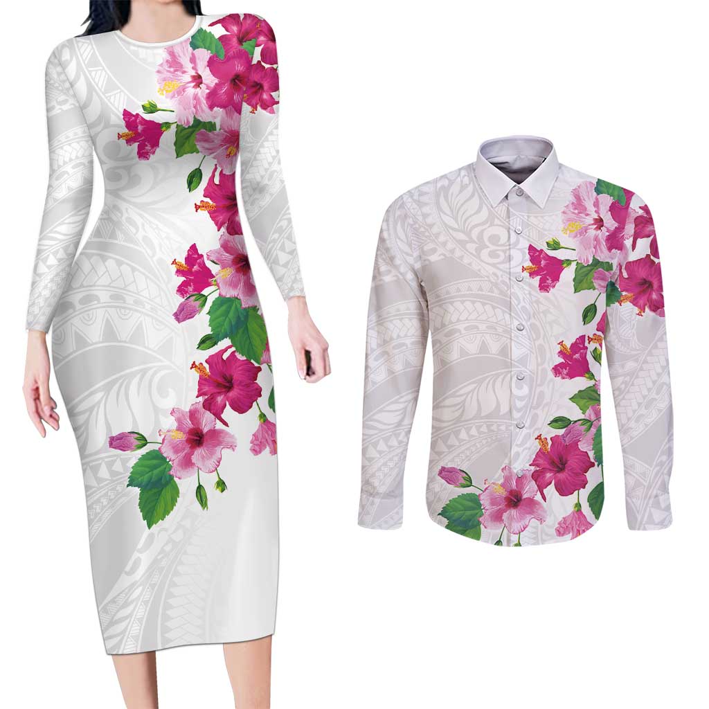 Hawaiian Hibiscus and Art Polynesian Tattoo Couples Matching Long Sleeve Bodycon Dress and Long Sleeve Button Shirt White Color LT03 White - Polynesian Pride