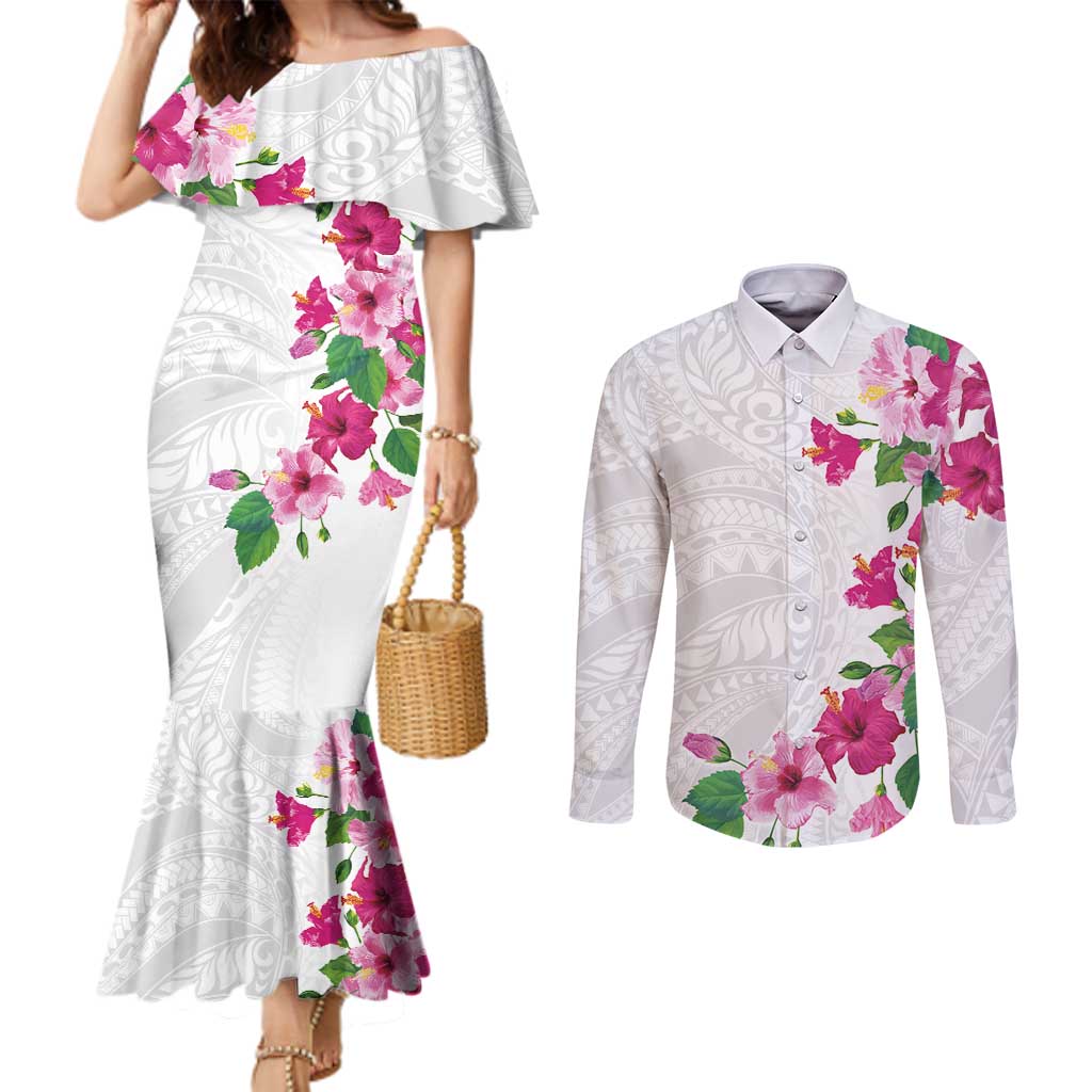 Hawaiian Hibiscus and Art Polynesian Tattoo Couples Matching Mermaid Dress and Long Sleeve Button Shirt White Color LT03 White - Polynesian Pride