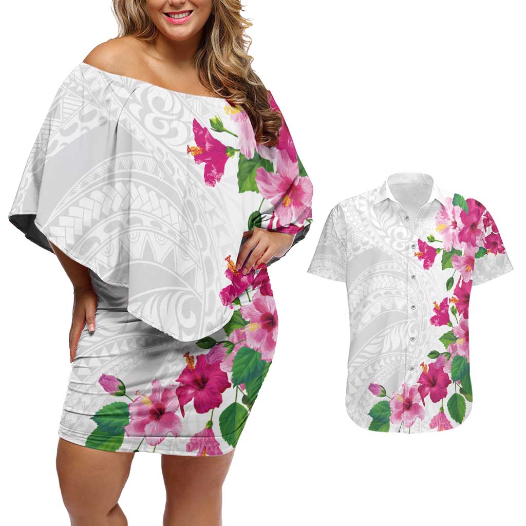 Hawaiian Hibiscus and Art Polynesian Tattoo Couples Matching Off Shoulder Short Dress and Hawaiian Shirt White Color LT03 White - Polynesian Pride