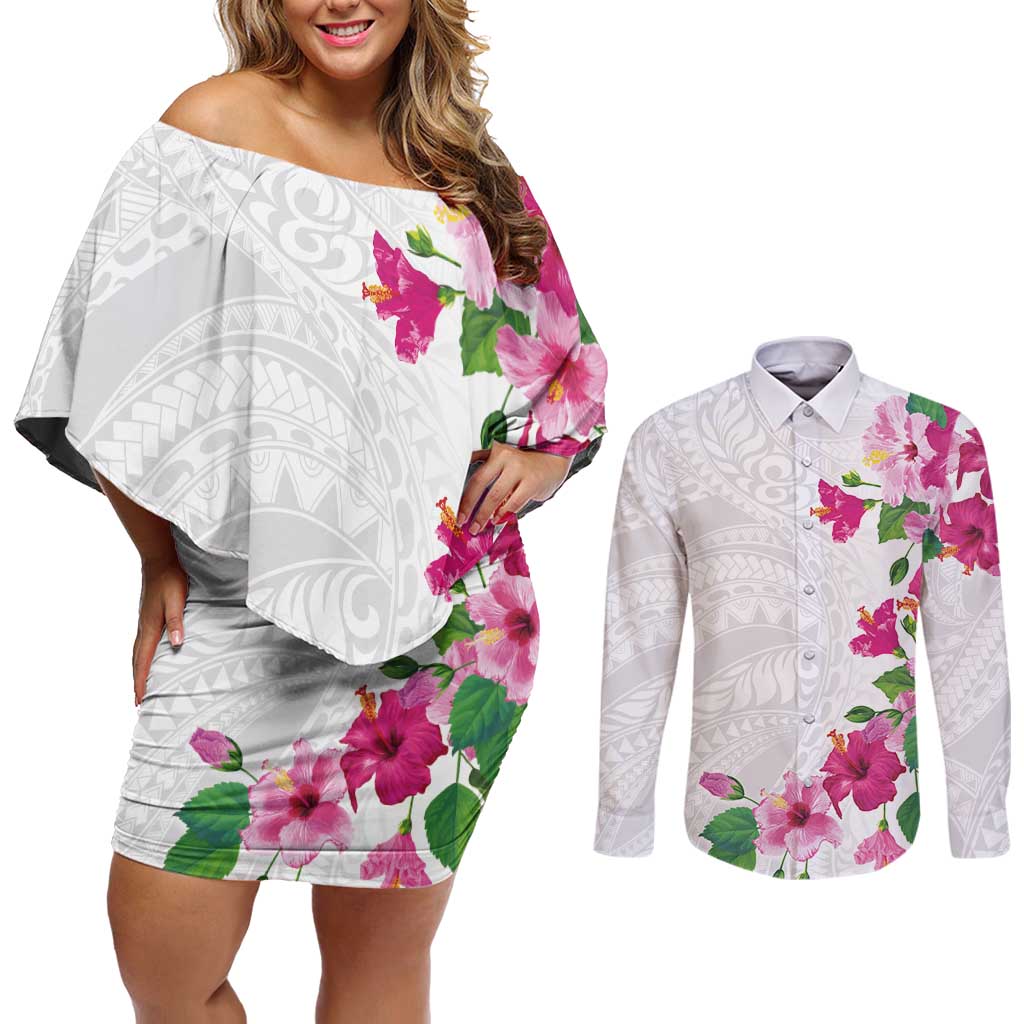 Hawaiian Hibiscus and Art Polynesian Tattoo Couples Matching Off Shoulder Short Dress and Long Sleeve Button Shirt White Color LT03 White - Polynesian Pride