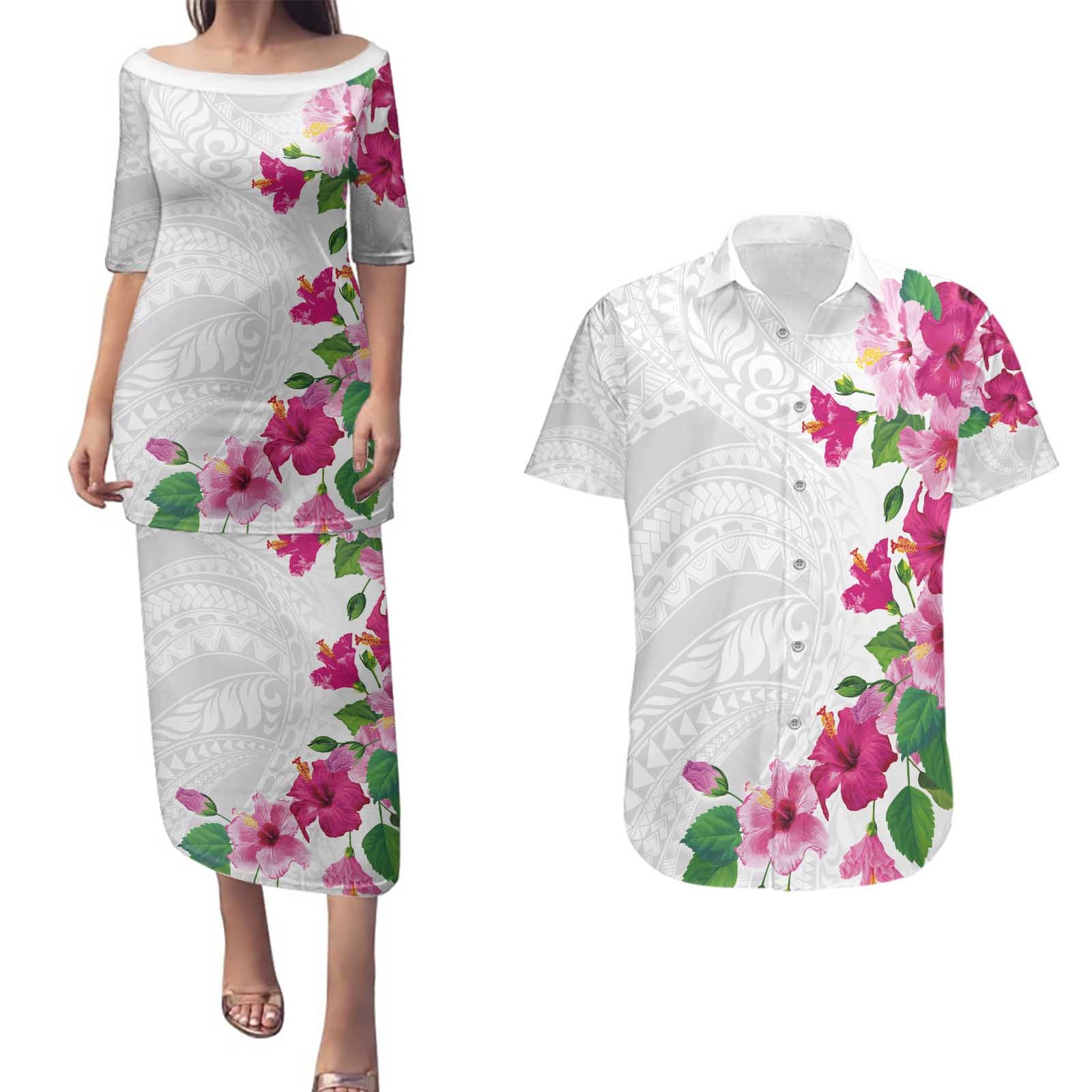 Hawaiian Hibiscus and Art Polynesian Tattoo Couples Matching Puletasi and Hawaiian Shirt White Color LT03 White - Polynesian Pride