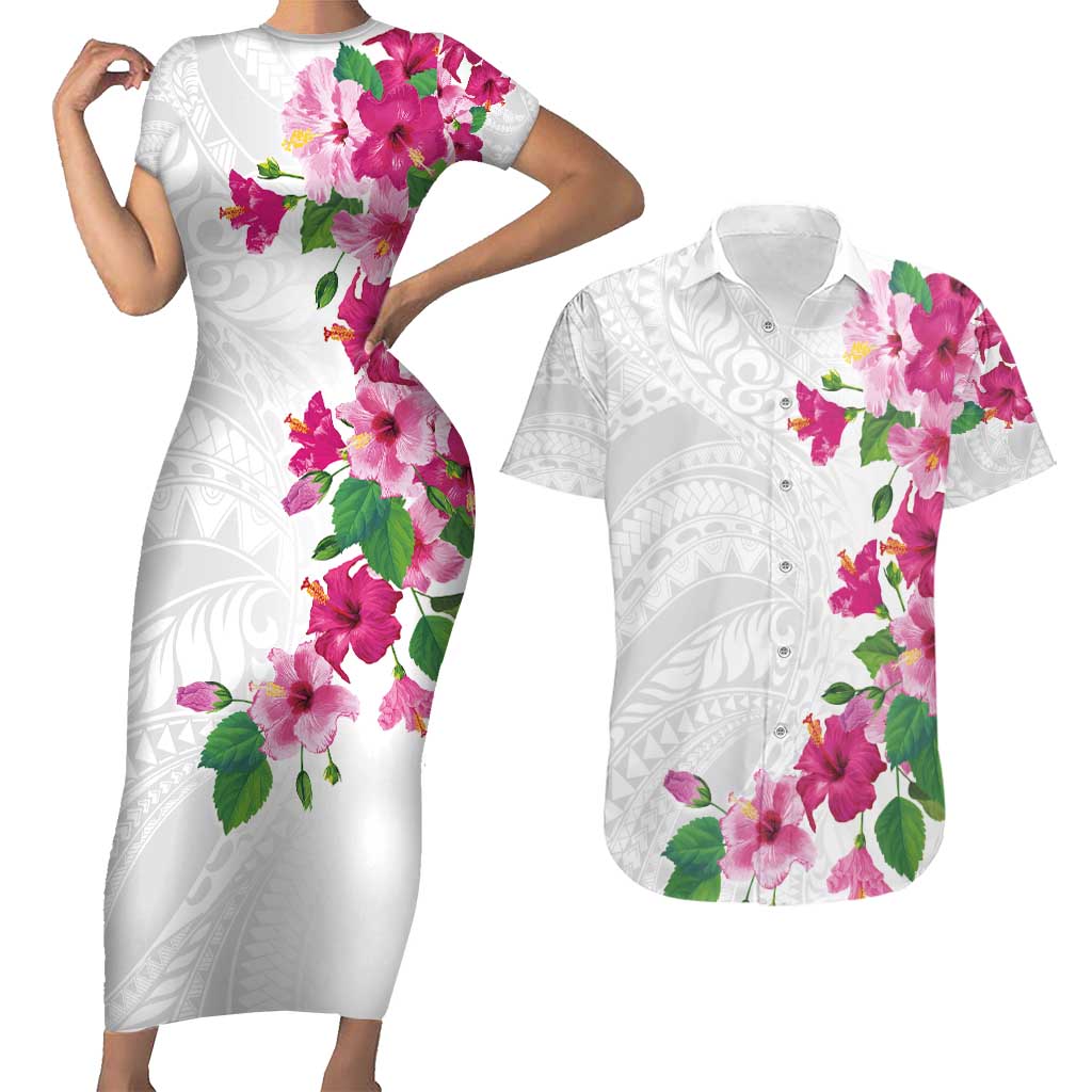 Hawaiian Hibiscus and Art Polynesian Tattoo Couples Matching Short Sleeve Bodycon Dress and Hawaiian Shirt White Color LT03 White - Polynesian Pride