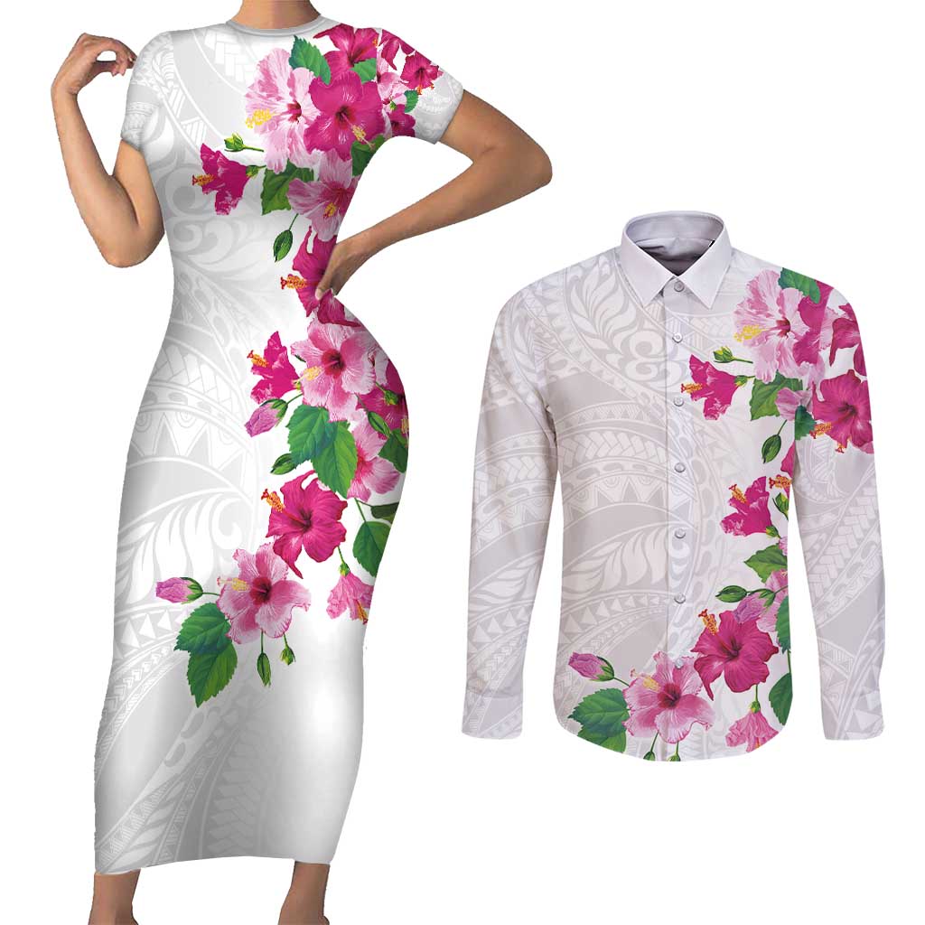 Hawaiian Hibiscus and Art Polynesian Tattoo Couples Matching Short Sleeve Bodycon Dress and Long Sleeve Button Shirt White Color LT03 White - Polynesian Pride