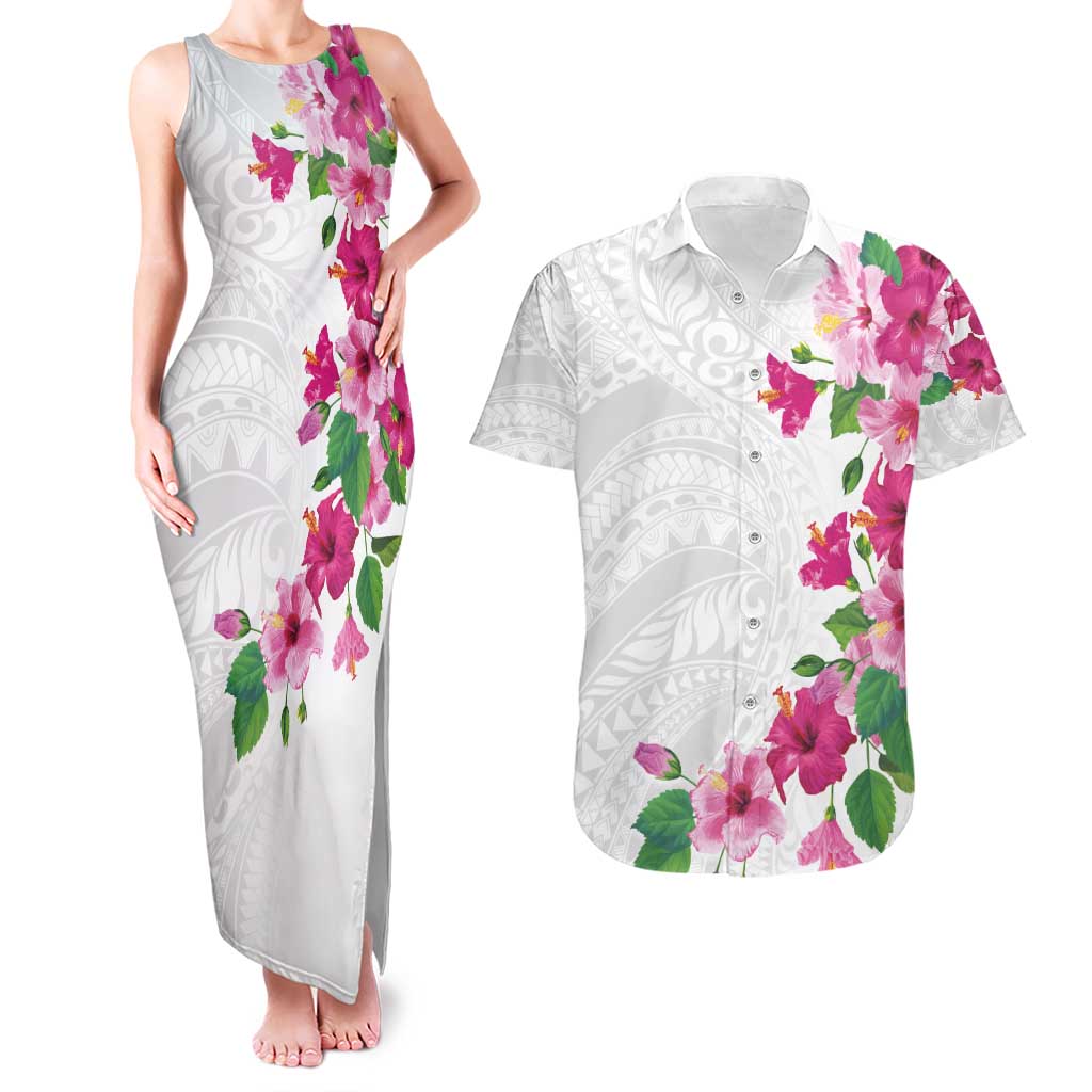 Hawaiian Hibiscus and Art Polynesian Tattoo Couples Matching Tank Maxi Dress and Hawaiian Shirt White Color LT03 White - Polynesian Pride