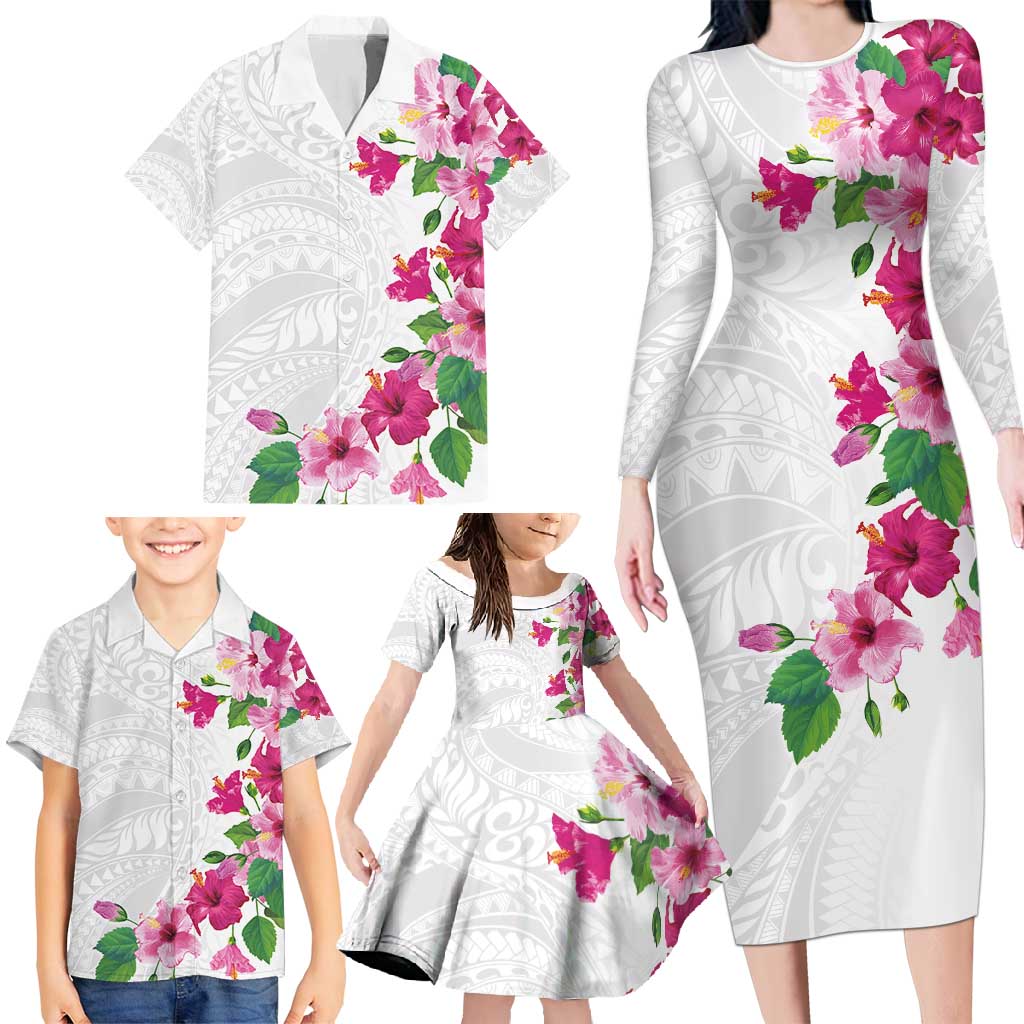Hawaiian Hibiscus and Art Polynesian Tattoo Family Matching Long Sleeve Bodycon Dress and Hawaiian Shirt White Color