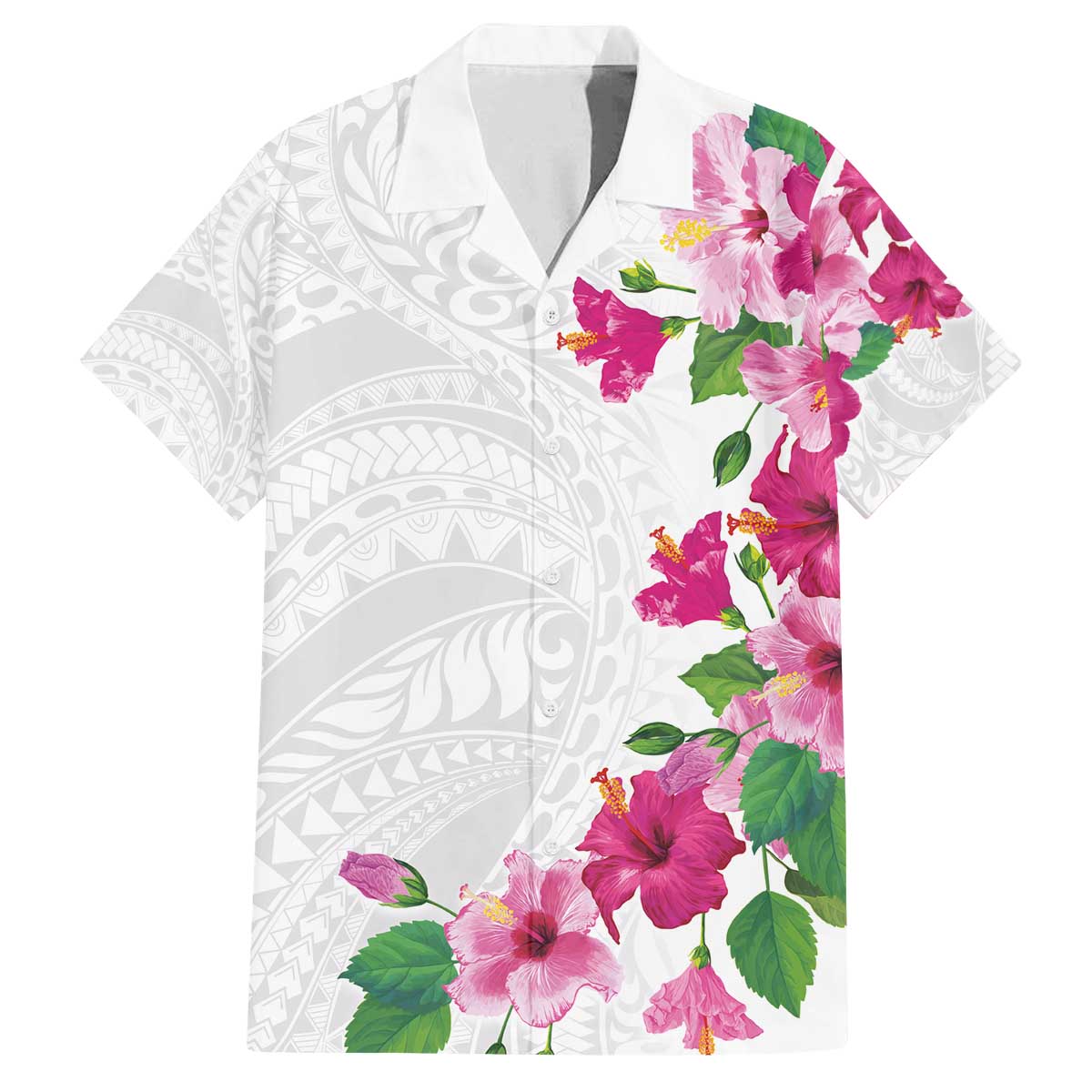 Hawaiian Hibiscus and Art Polynesian Tattoo Family Matching Off The Shoulder Long Sleeve Dress and Hawaiian Shirt White Color