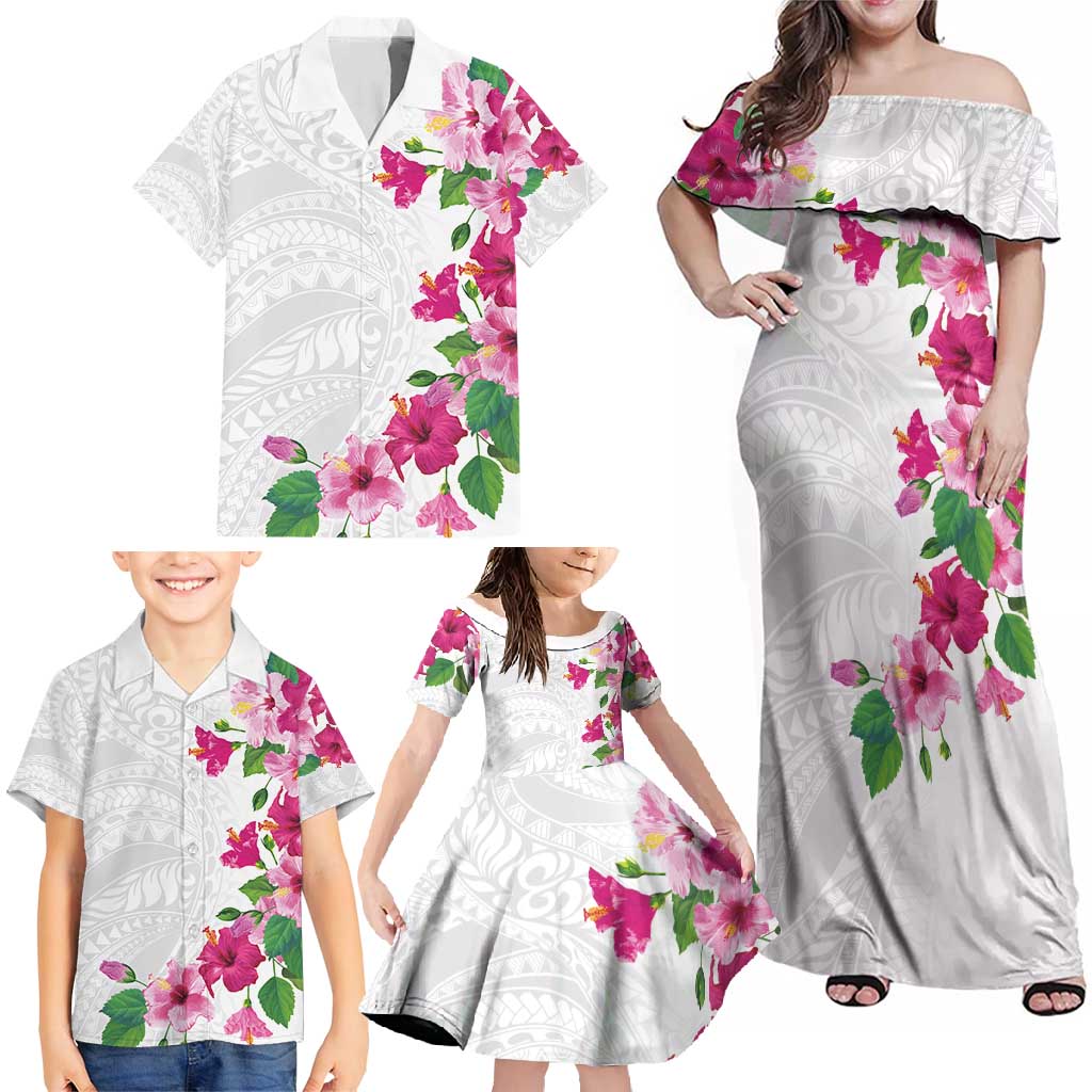 Hawaiian Hibiscus and Art Polynesian Tattoo Family Matching Off Shoulder Maxi Dress and Hawaiian Shirt White Color