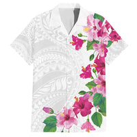 Hawaiian Hibiscus and Art Polynesian Tattoo Family Matching Off Shoulder Short Dress and Hawaiian Shirt White Color LT03 Dad's Shirt - Short Sleeve White - Polynesian Pride