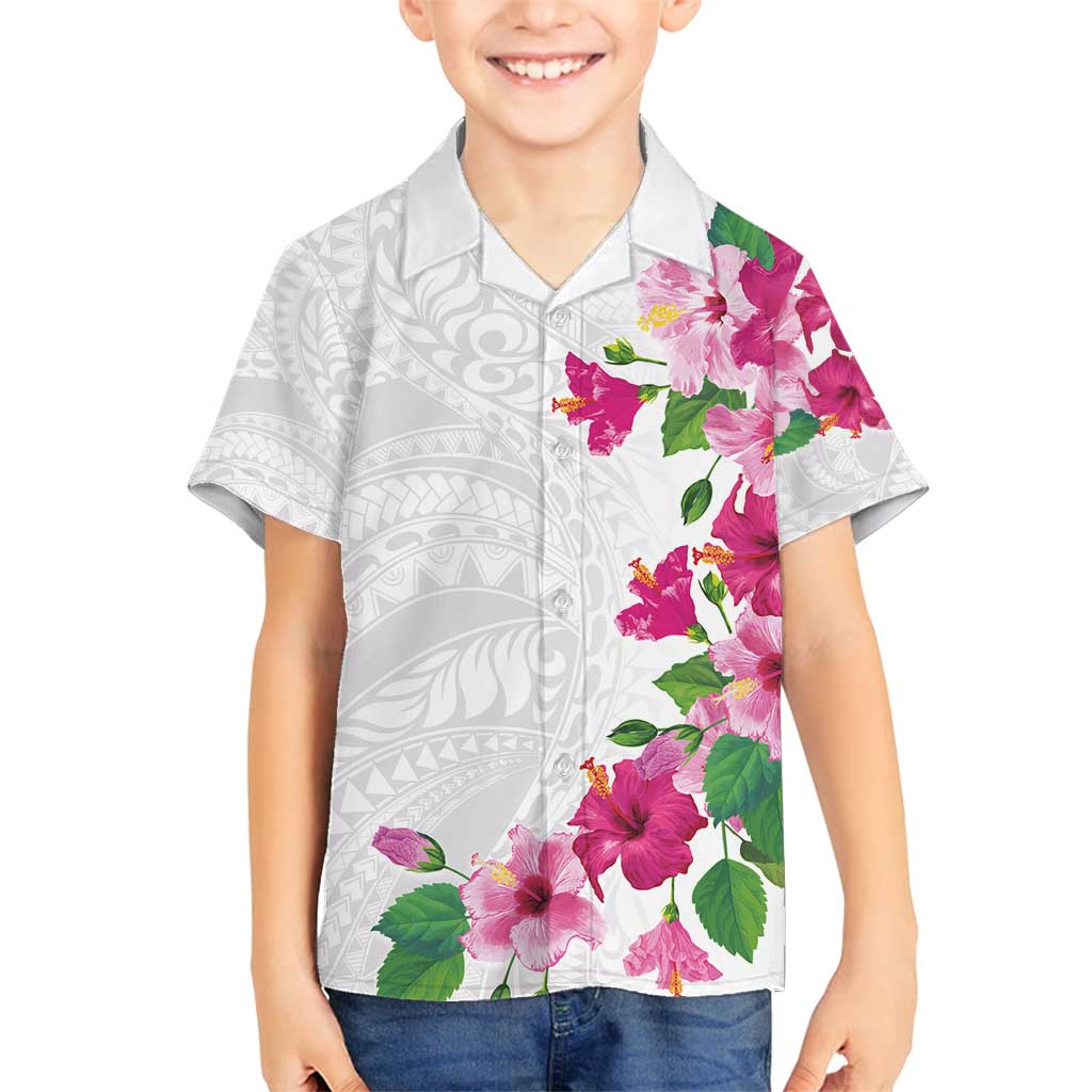 Hawaiian Hibiscus and Art Polynesian Tattoo Family Matching Off Shoulder Short Dress and Hawaiian Shirt White Color LT03 Son's Shirt White - Polynesian Pride
