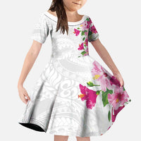 Hawaiian Hibiscus and Art Polynesian Tattoo Family Matching Short Sleeve Bodycon Dress and Hawaiian Shirt White Color LT03 Daughter's Dress White - Polynesian Pride