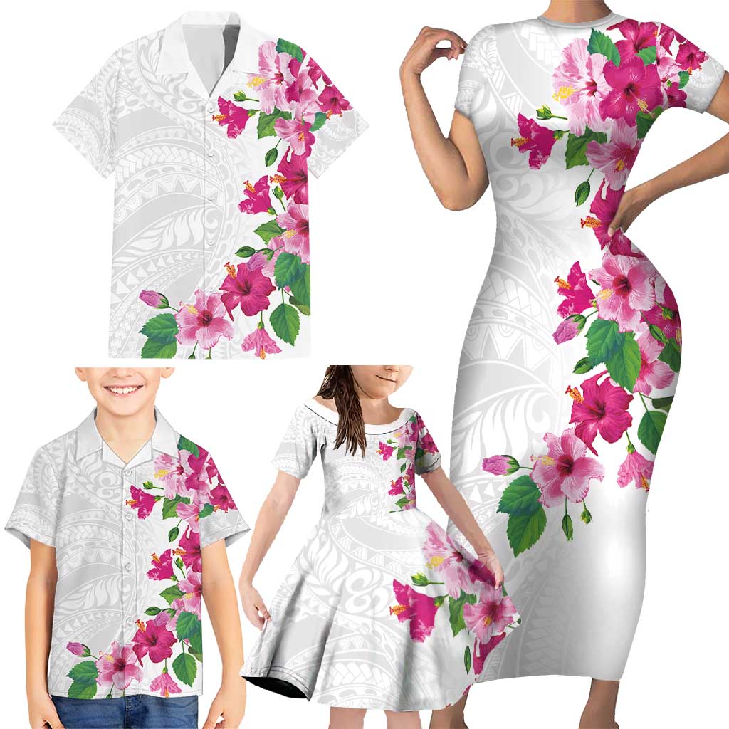 Hawaiian Hibiscus and Art Polynesian Tattoo Family Matching Short Sleeve Bodycon Dress and Hawaiian Shirt White Color
