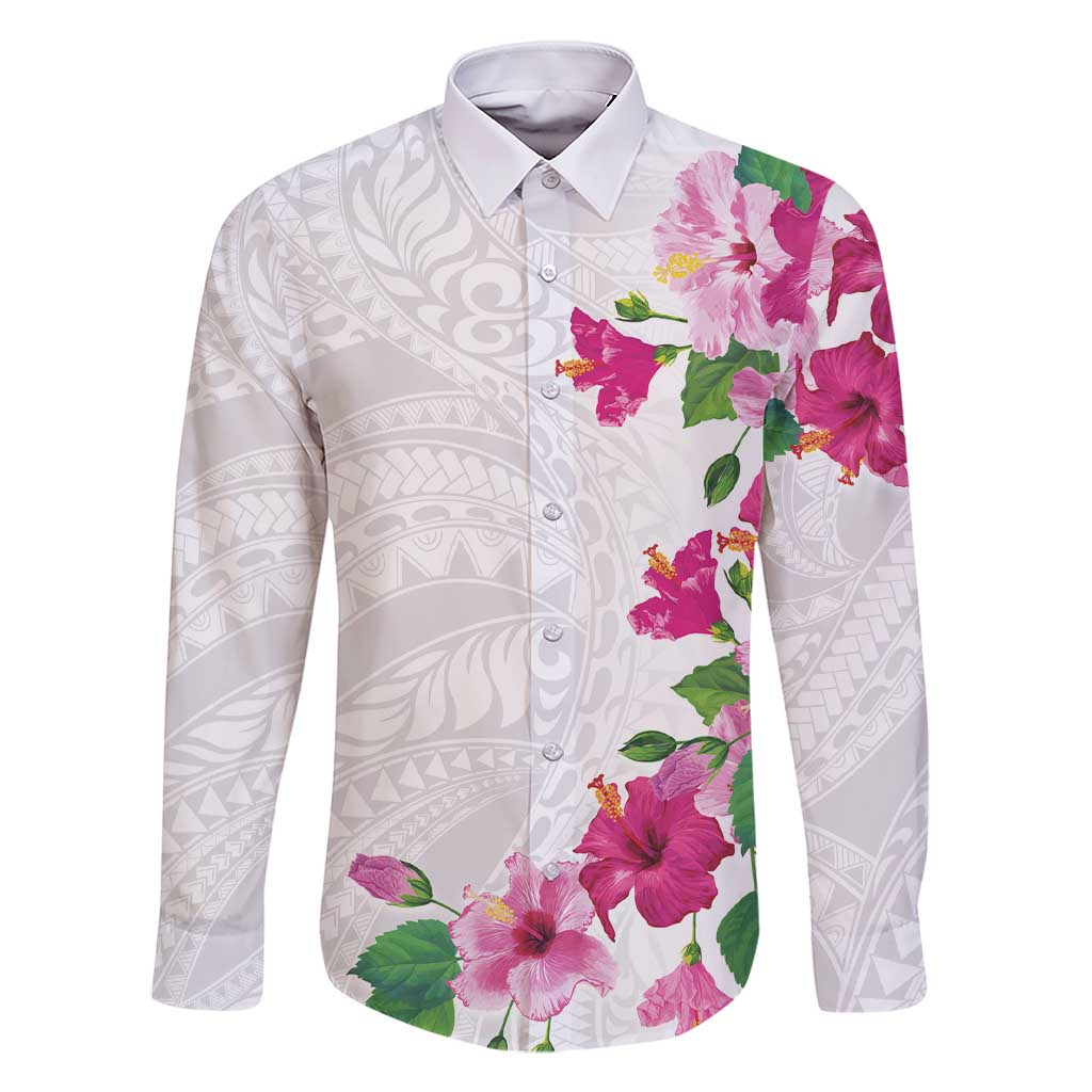 Hawaiian Hibiscus and Art Polynesian Tattoo Family Matching Short Sleeve Bodycon Dress and Hawaiian Shirt White Color LT03 Dad's Shirt - Long Sleeve White - Polynesian Pride