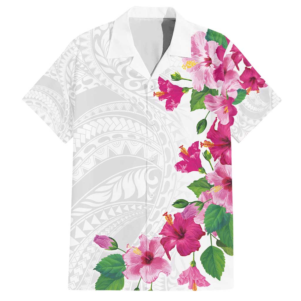 Hawaiian Hibiscus and Art Polynesian Tattoo Hawaiian Shirt White Color