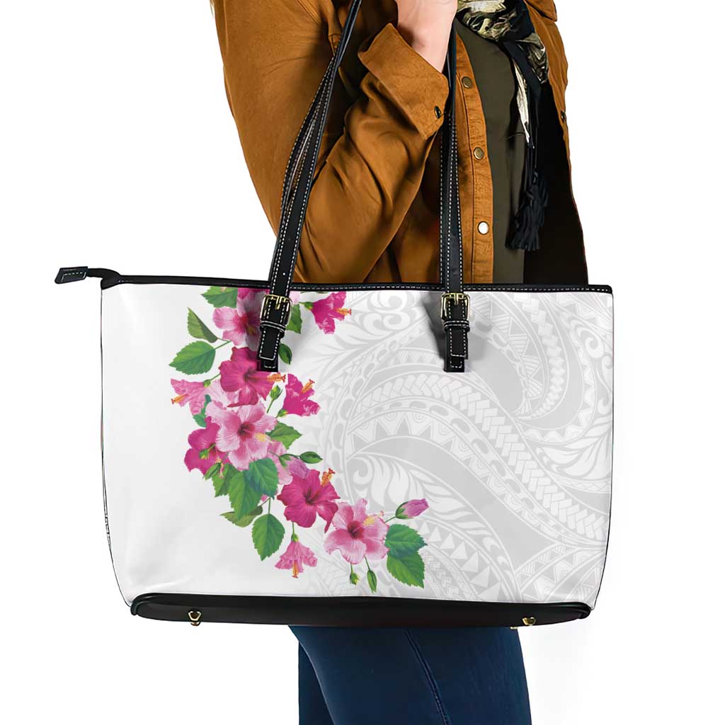 Hawaiian Hibiscus and Art Polynesian Tattoo Leather Tote Bag White Color LT03 - Polynesian Pride