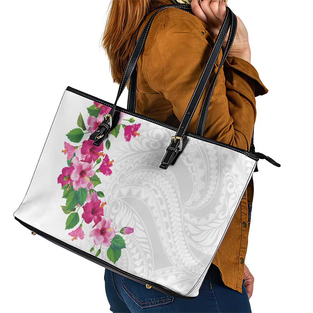 Hawaiian Hibiscus and Art Polynesian Tattoo Leather Tote Bag White Color LT03 - Polynesian Pride