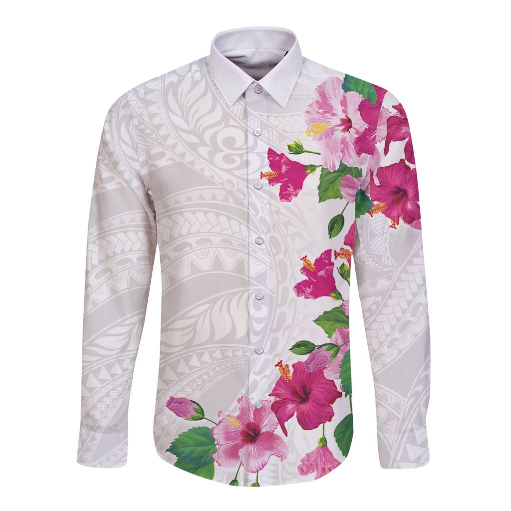 Hawaiian Hibiscus and Art Polynesian Tattoo Long Sleeve Button Shirt White Color LT03 Unisex White - Polynesian Pride
