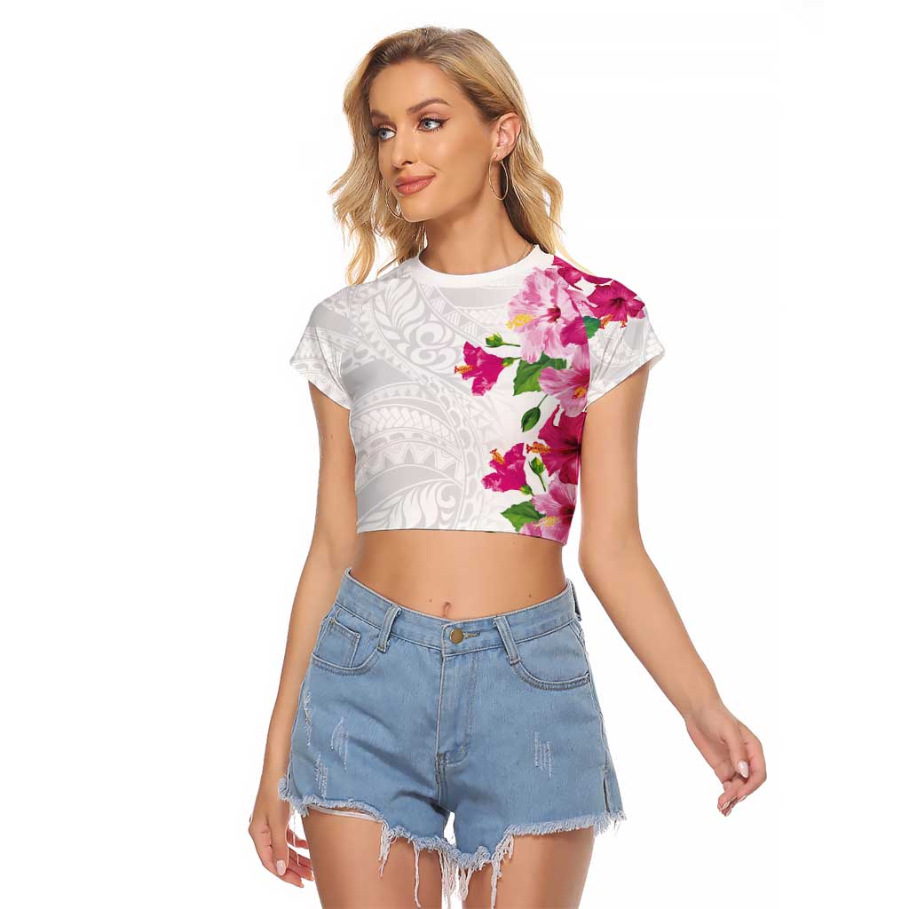 Hawaiian Hibiscus and Art Polynesian Tattoo Raglan Cropped T Shirt White Color LT03 Female White - Polynesian Pride