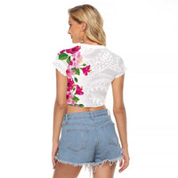 Hawaiian Hibiscus and Art Polynesian Tattoo Raglan Cropped T Shirt White Color