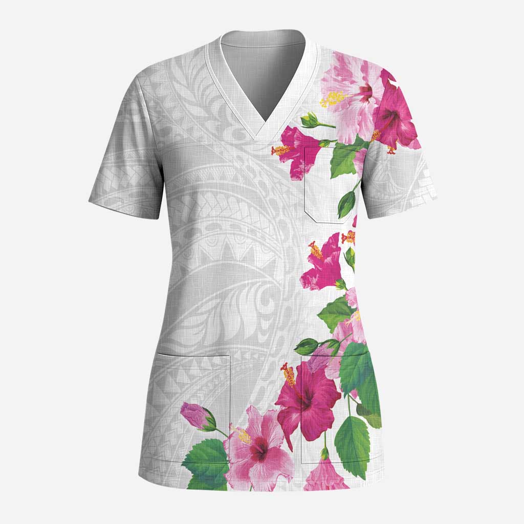 Hawaiian Hibiscus and Art Polynesian Tattoo Scrub Top White Color LT03 Adult White - Polynesian Pride