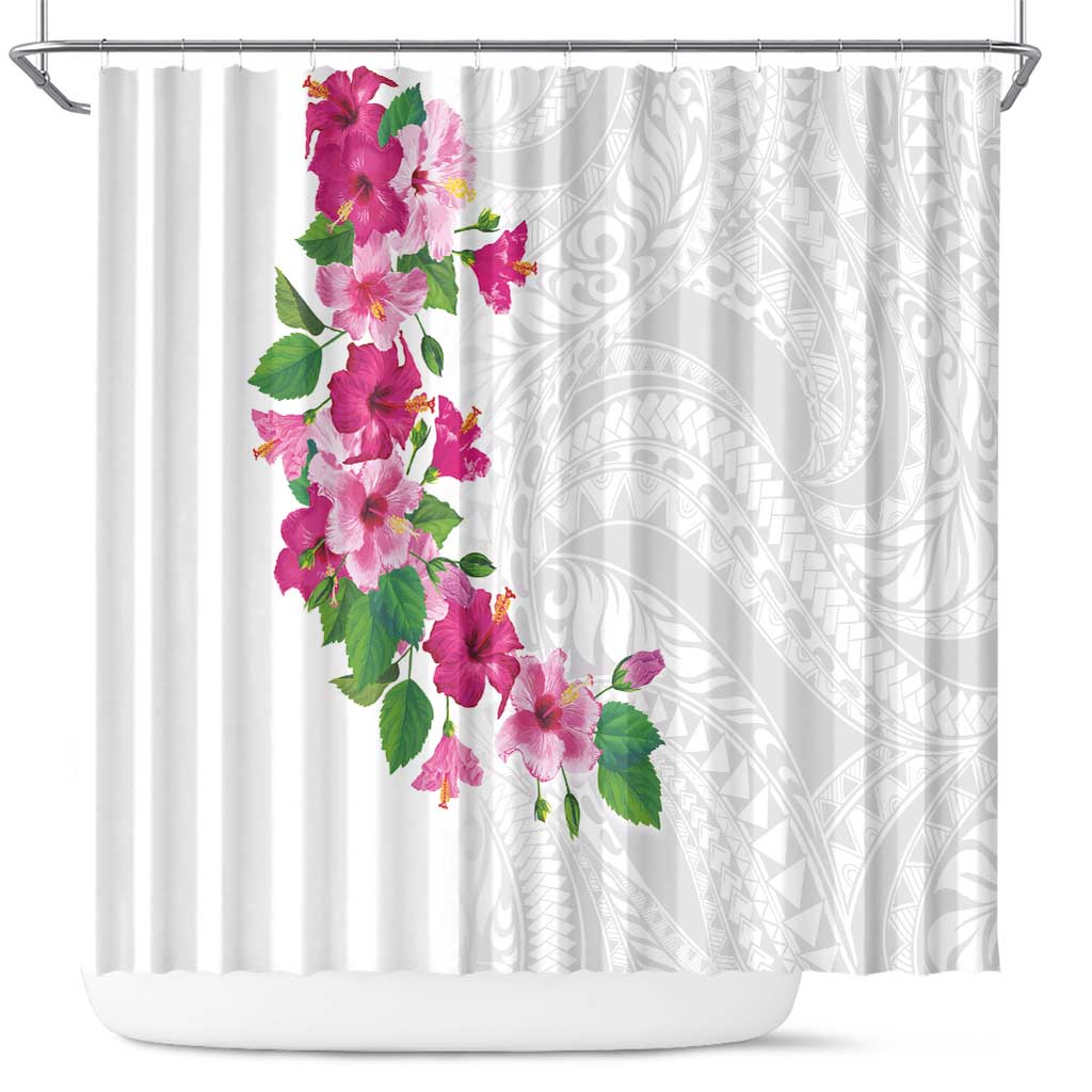 Hawaiian Hibiscus and Art Polynesian Tattoo Shower Curtain White Color LT03 White - Polynesian Pride