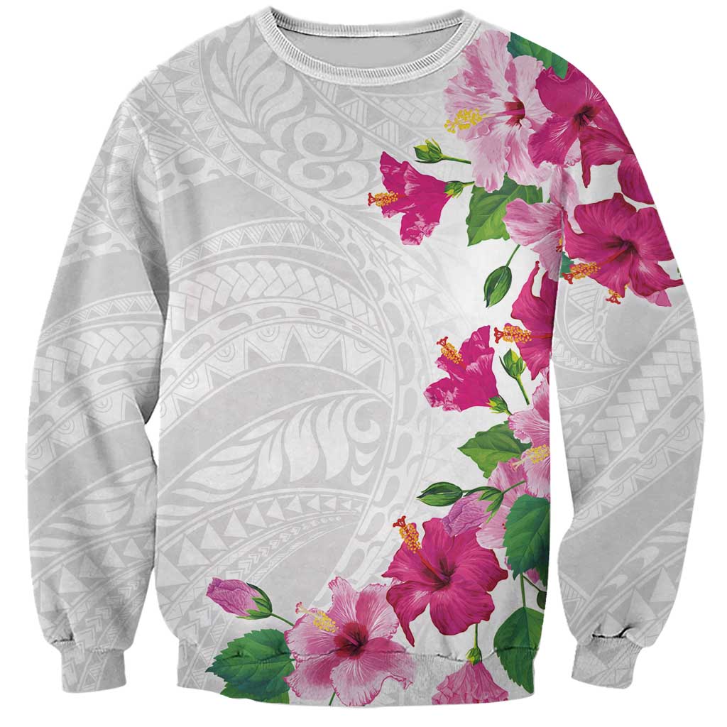 Hawaiian Hibiscus and Art Polynesian Tattoo Sweatshirt White Color