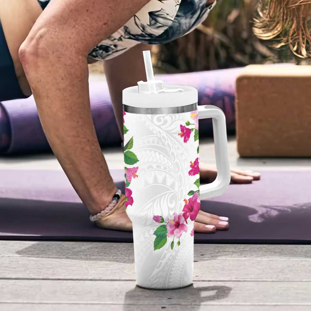 Hawaiian Hibiscus and Art Polynesian Tattoo Tumbler With Handle White Color