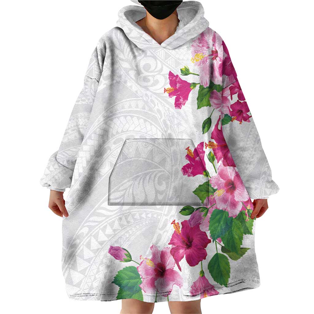 Hawaiian Hibiscus and Art Polynesian Tattoo Wearable Blanket Hoodie White Color