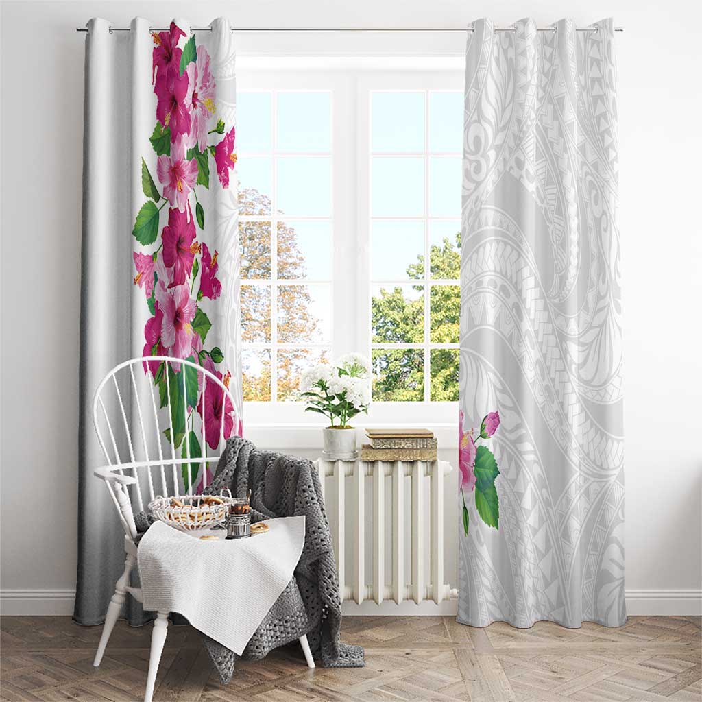 Hawaiian Hibiscus and Art Polynesian Tattoo Window Curtain White Color
