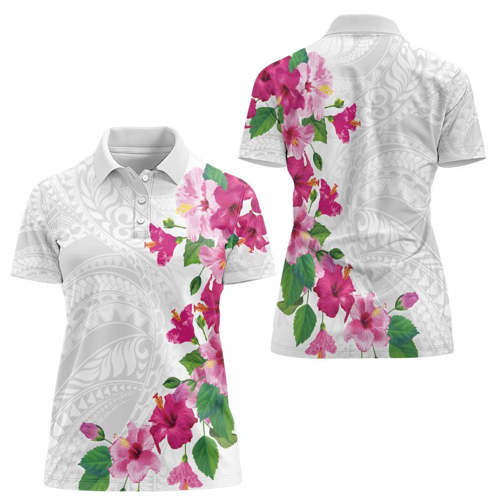 Hawaiian Hibiscus and Art Polynesian Tattoo Women Polo Shirt White Color