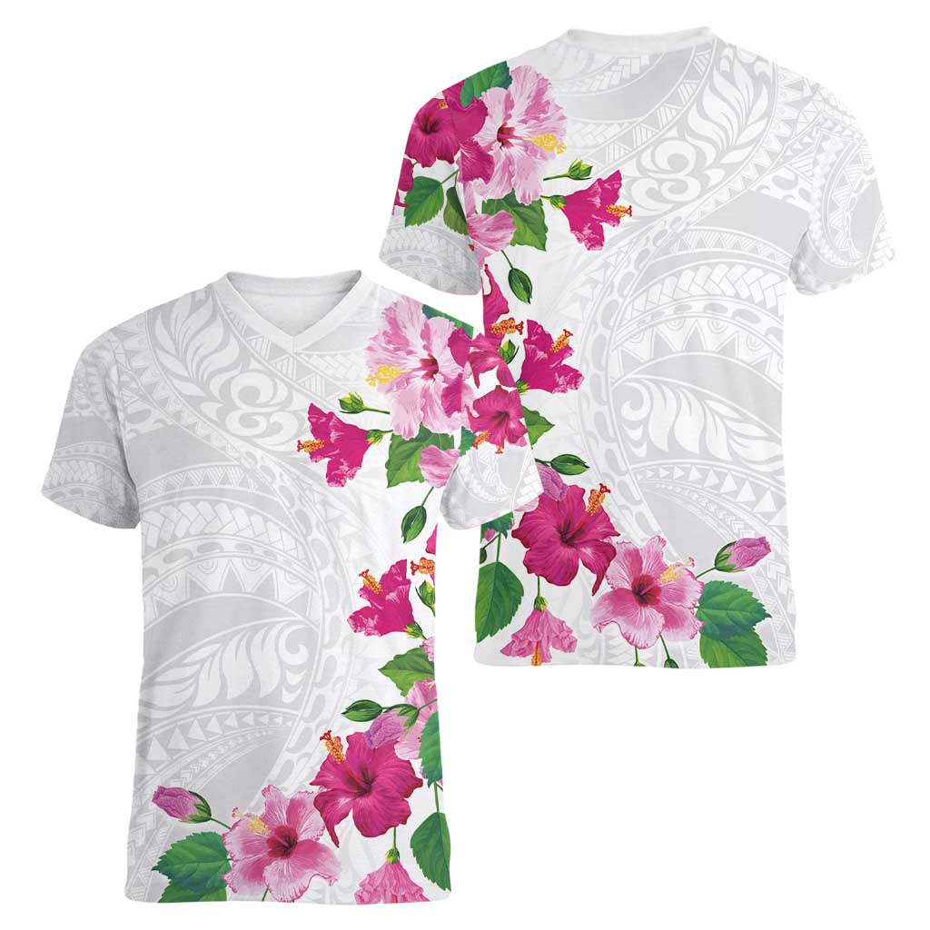 Hawaiian Hibiscus and Art Polynesian Tattoo Women V-Neck T-Shirt White Color