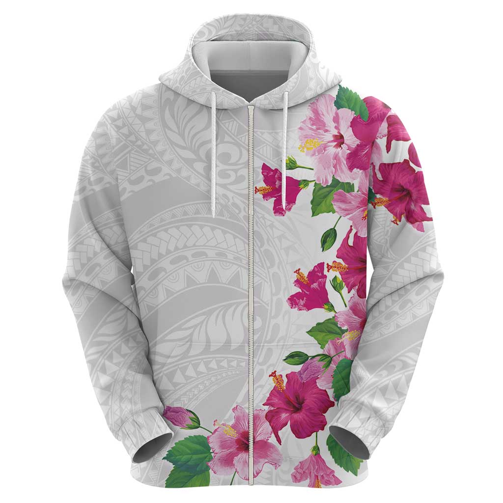 Hawaiian Hibiscus and Art Polynesian Tattoo Zip Hoodie White Color