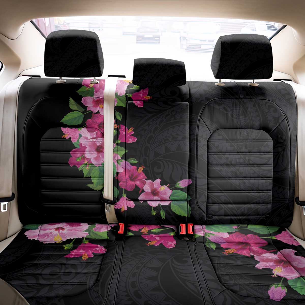 Hawaiian Hibiscus and Art Polynesian Tattoo Back Car Seat Cover Black Color