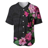 Hawaiian Hibiscus and Art Polynesian Tattoo Baseball Jersey Black Color