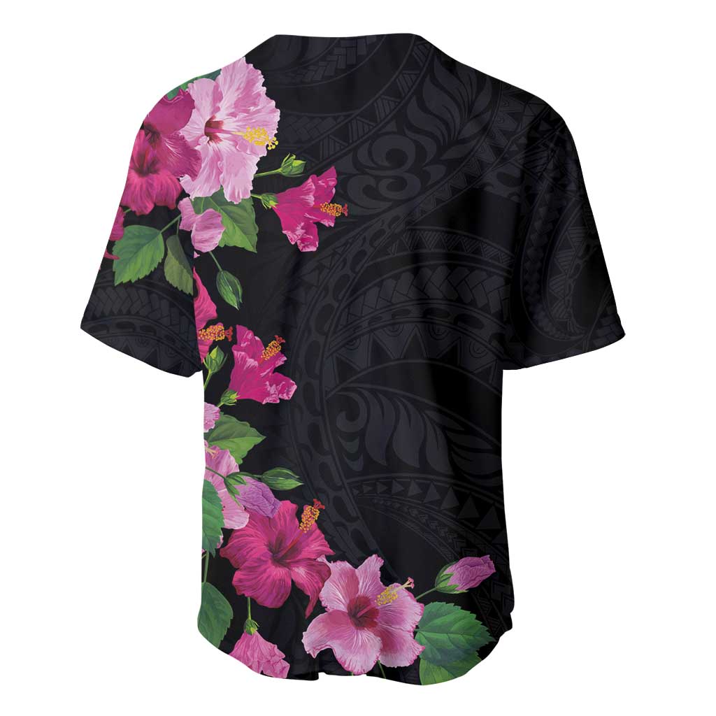Hawaiian Hibiscus and Art Polynesian Tattoo Baseball Jersey Black Color