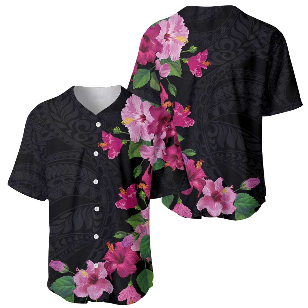 Hawaiian Hibiscus and Art Polynesian Tattoo Baseball Jersey Black Color